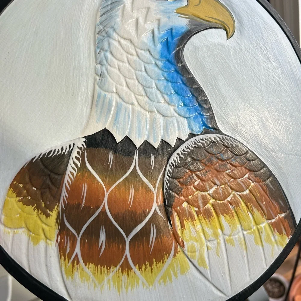 Vintage 11.75" Handpainted Eagle Wall Art White, Blue, Brown, Yellow Indonesia - Picture 8 of 14